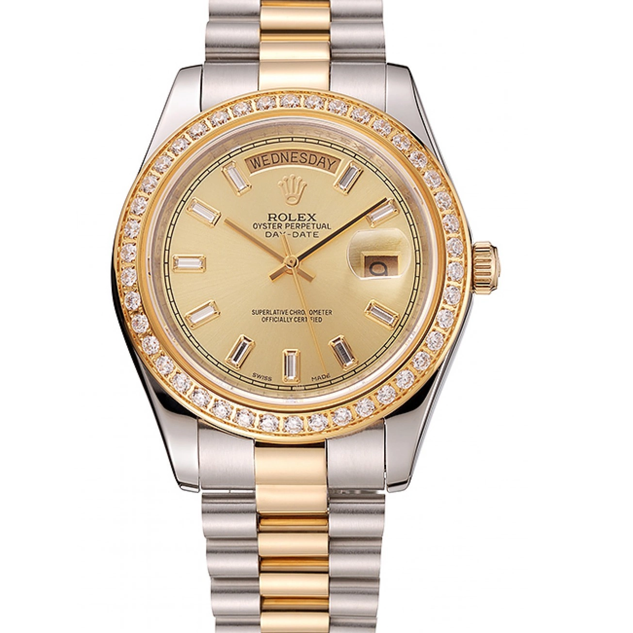 Good Copy Rolex Watches 1454103 Day-Date Two Bezel Swiss Diamond Rolex Dial Champagne Tone Bracelet 0823